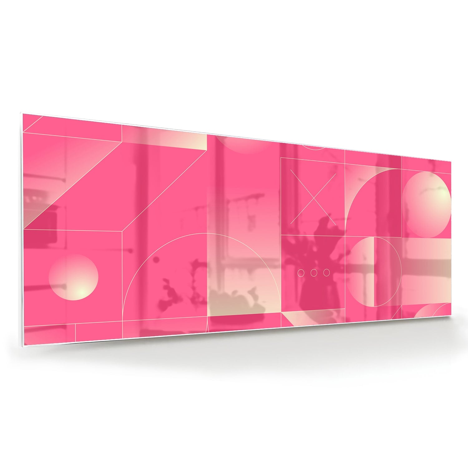 Modern glazen schilderij in frisroze met geometrische vormen.