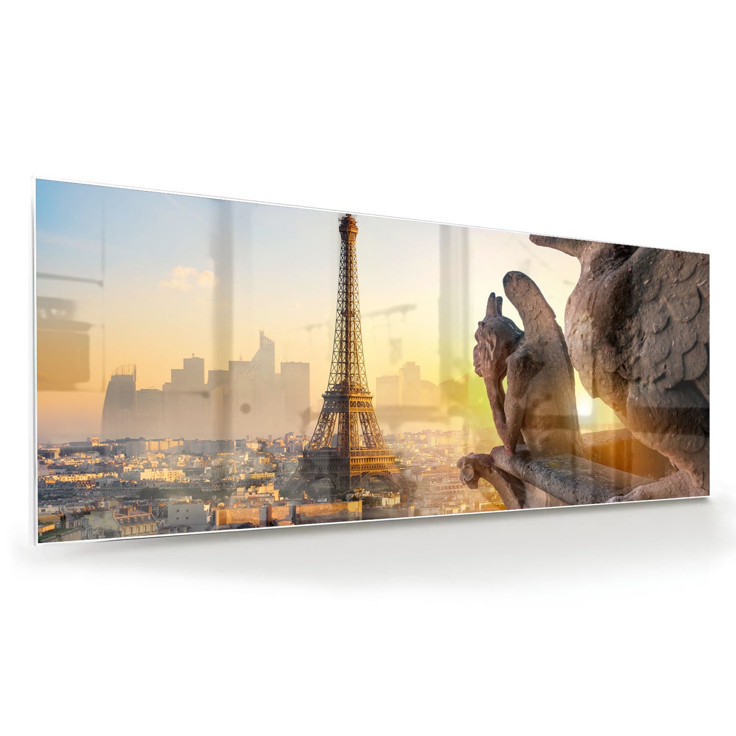 Glazen schilderij met de Eiffeltoren tijdens zonsondergang boven Parijs.