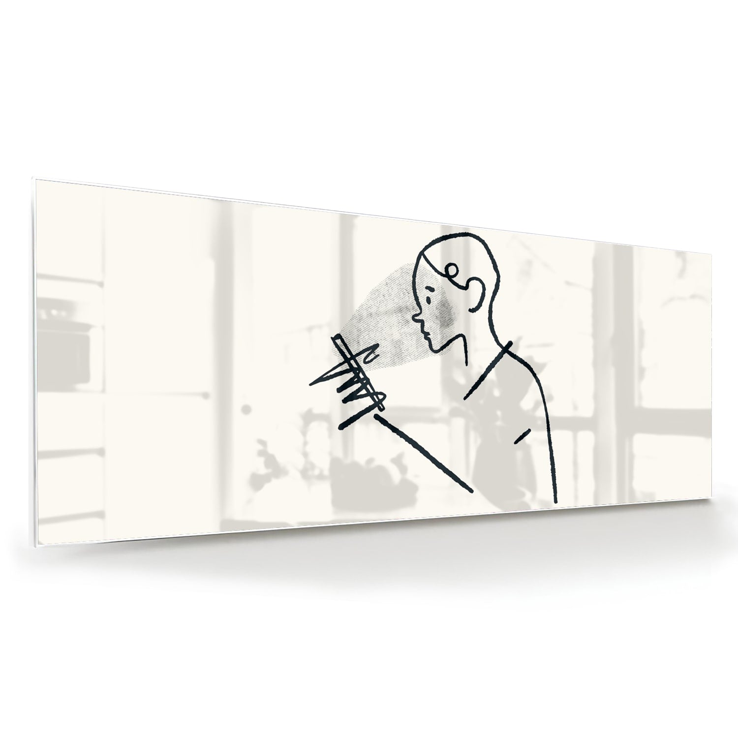 Minimalistisch glazen schilderij met lijntekeningen van een persoon.