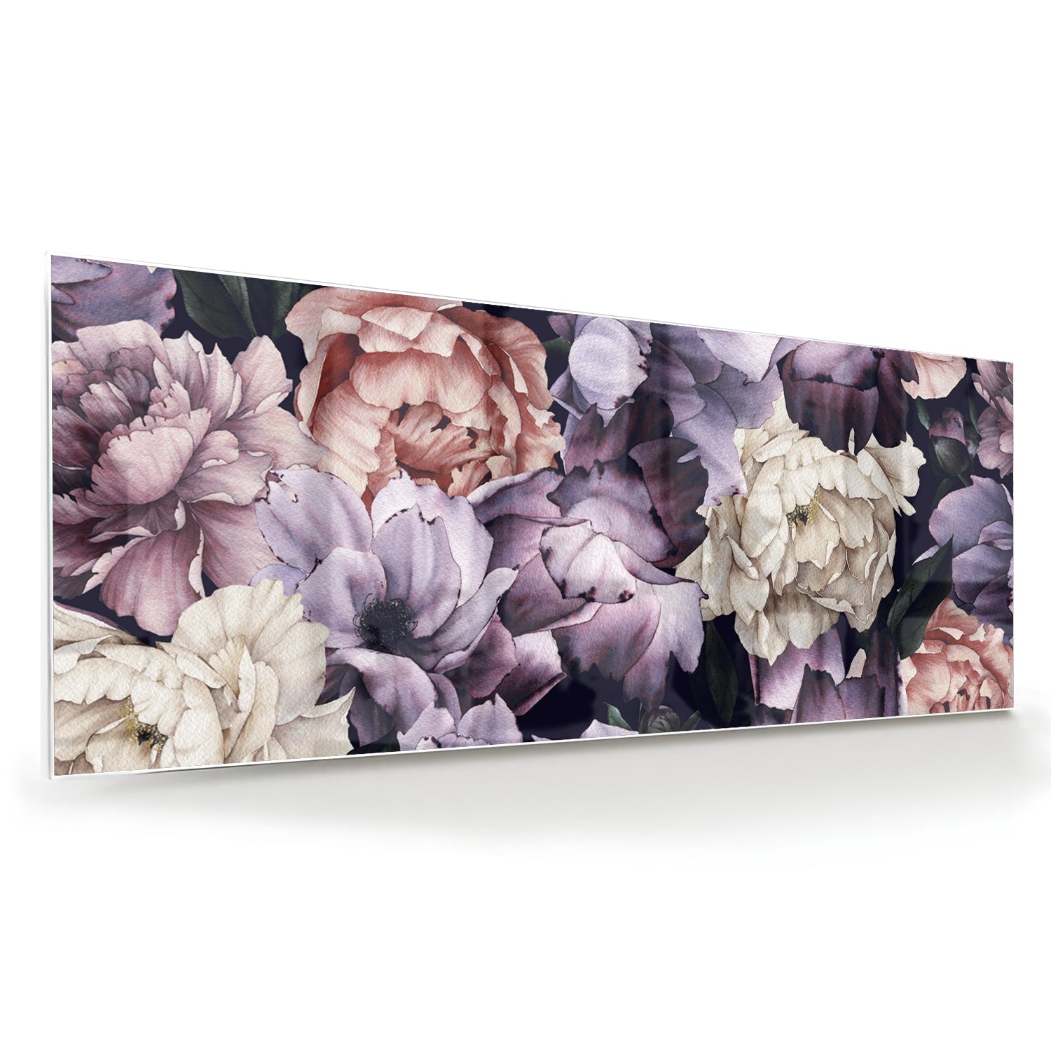 Glas schilderij met paarse en gouden bloemen in een moderne woonkamer