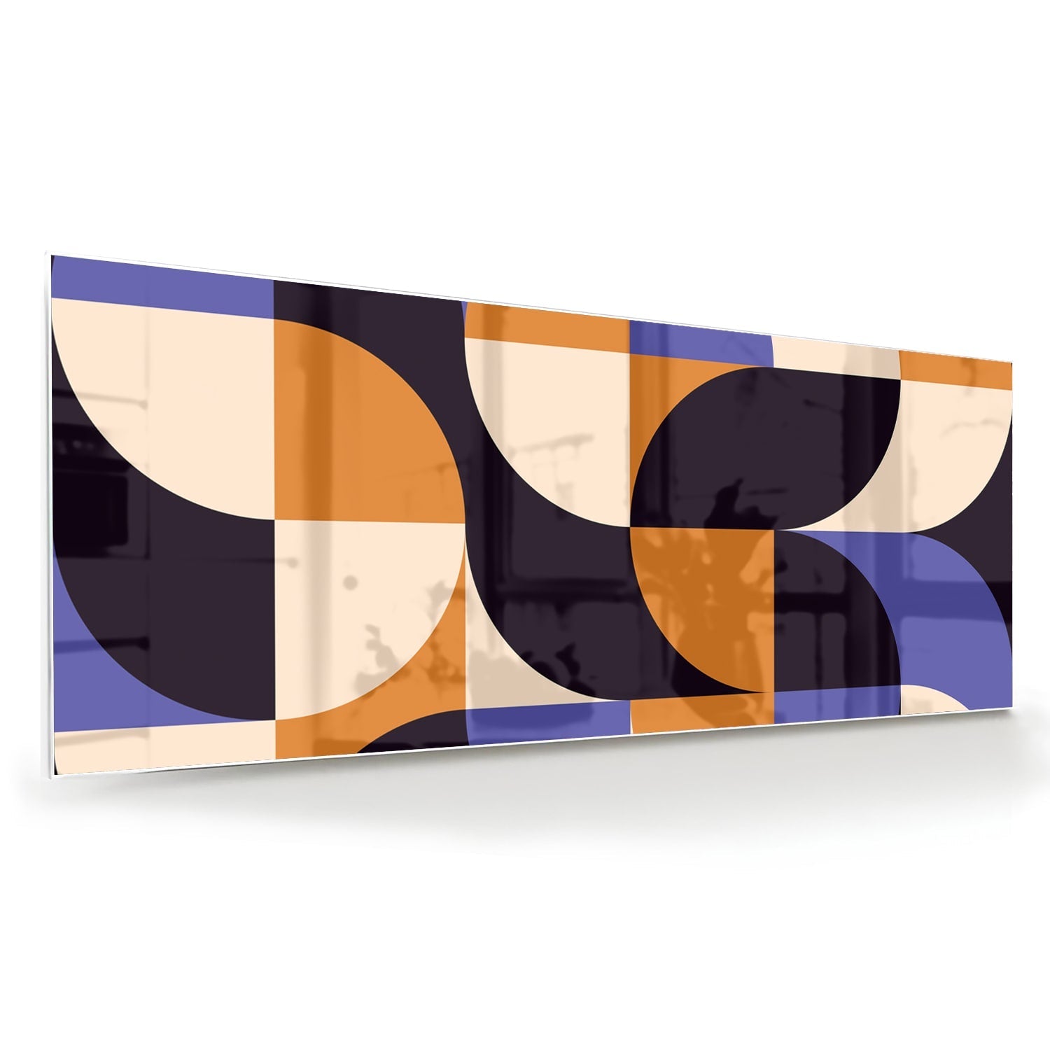 Abstract glazen schilderij met blauwe en oranjekleurige vormen, perfect voor moderne interieurs.