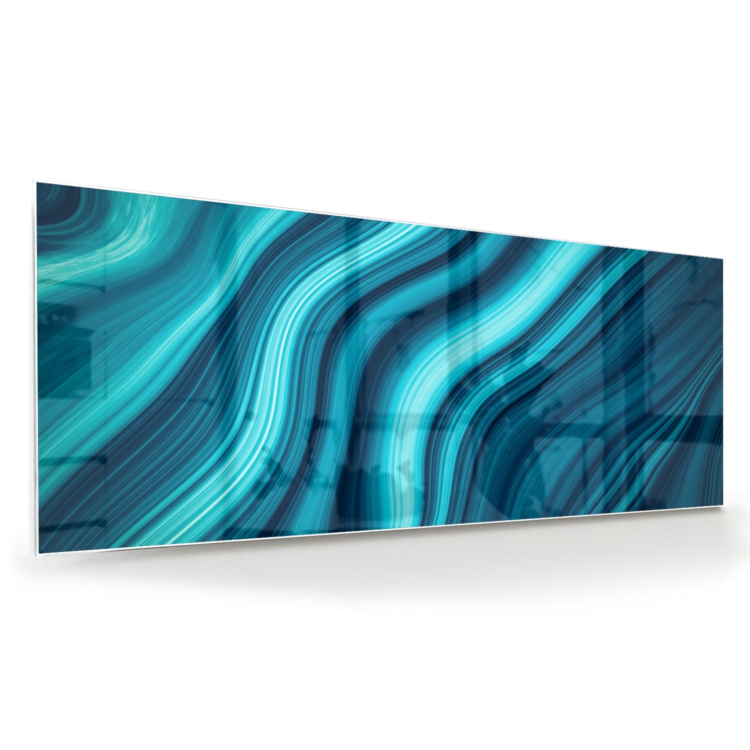 Moderne glazen schilderij met blauwe en groene golven aan de muur