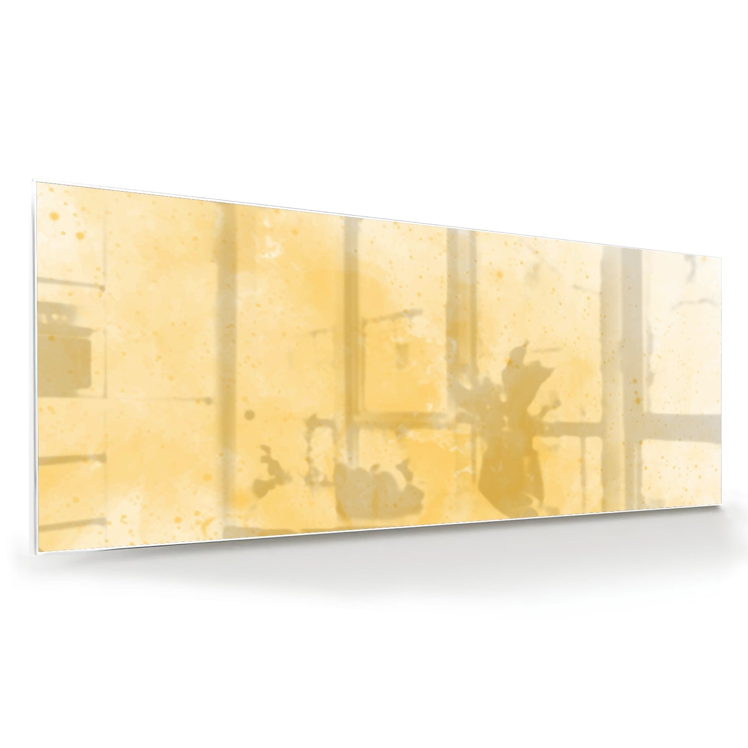Abstract glazen schilderij in gouden tinten op een witte muur in een moderne woonkamer.
