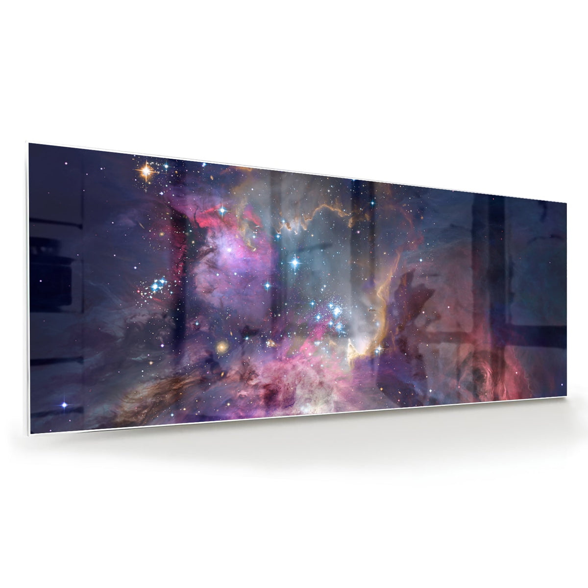 Glazen schilderij met een prachtig universum en sterren op een wand