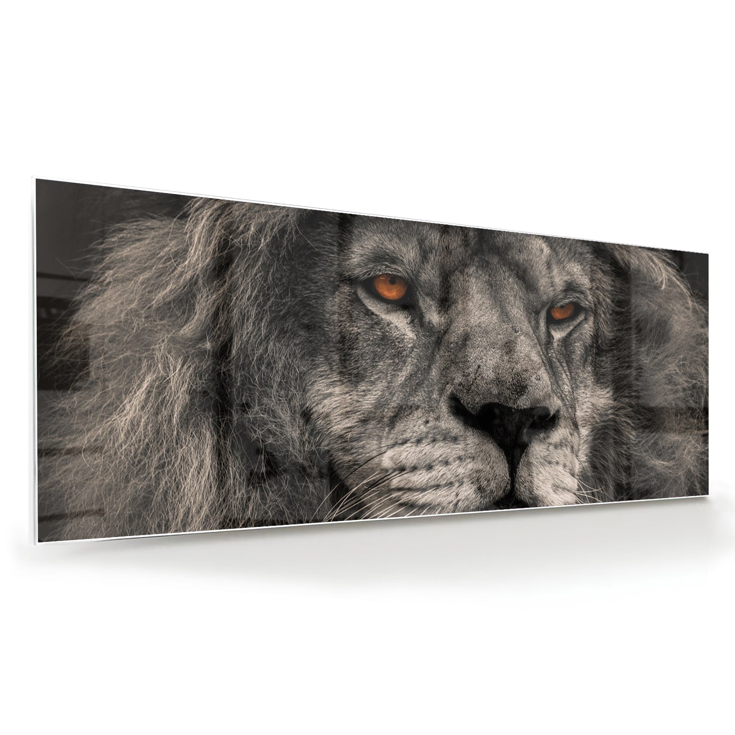 Glazen schilderij van een majestueuze leeuw in zwart-wit, perfect als wanddecoratie.