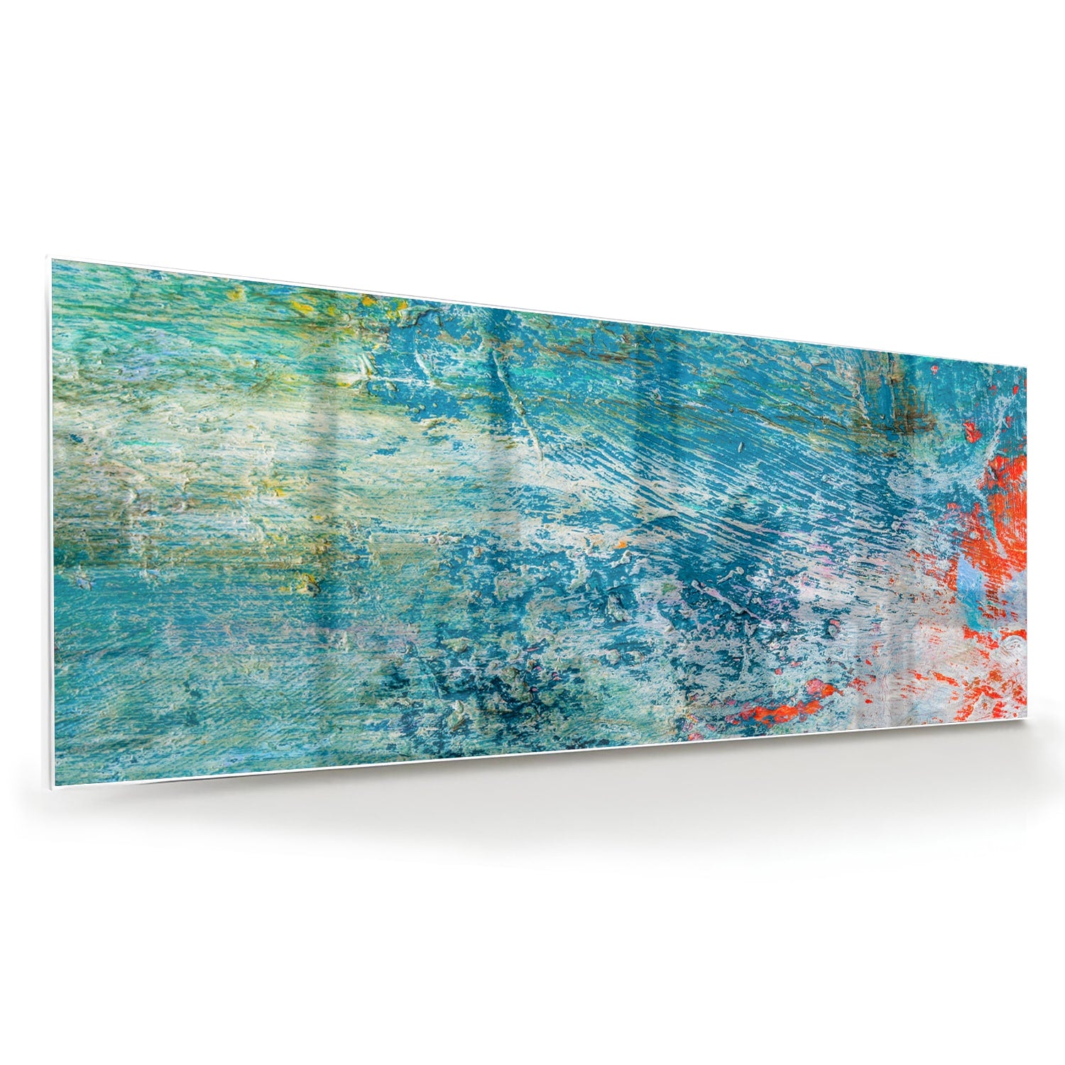 Kleurrijk abstract glazen schilderij aan de muur boven een houten kast