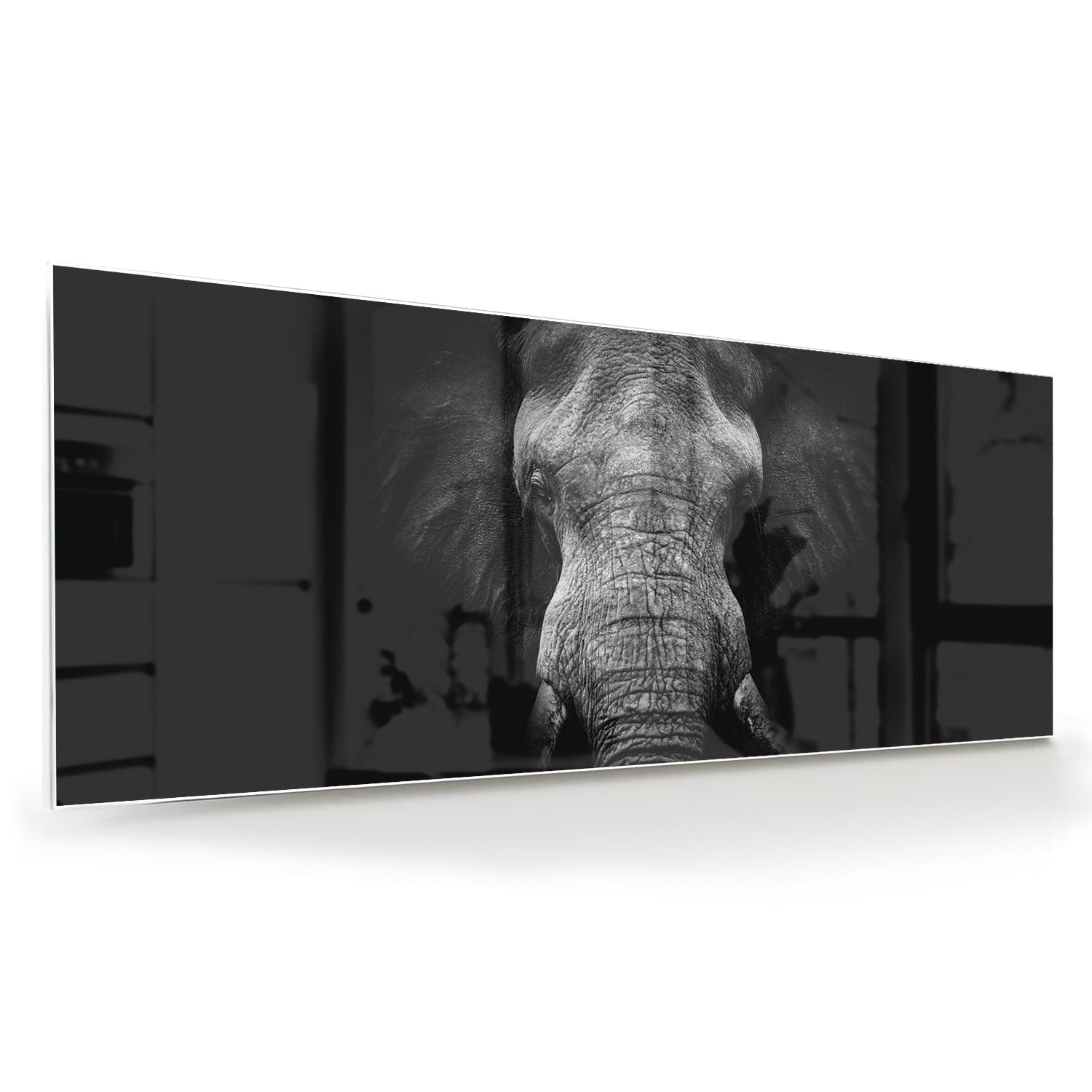 Glazen schilderij van een olifant in zwart-wit, perfect voor interieurdecoratie.