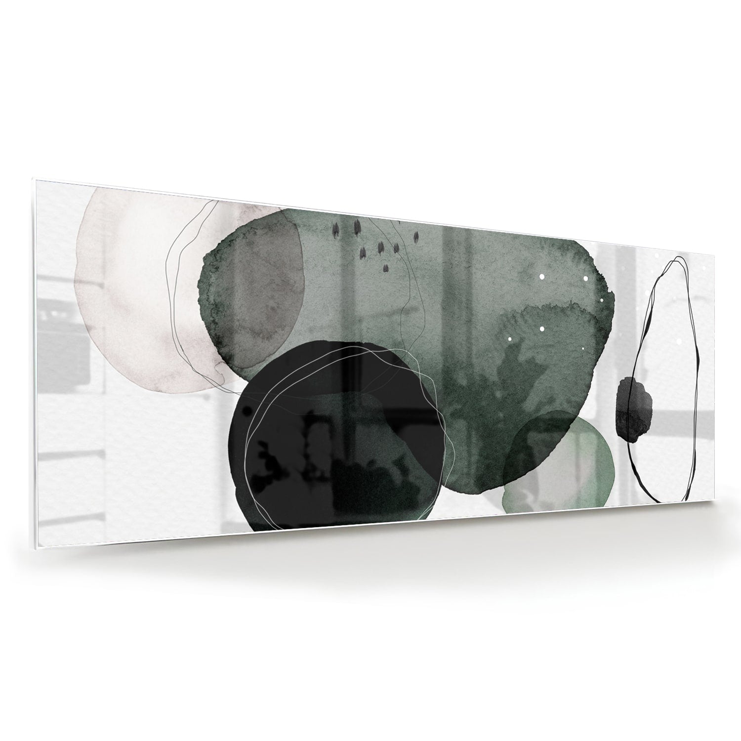 Abstract glas schilderij met groene en zwarte vormen