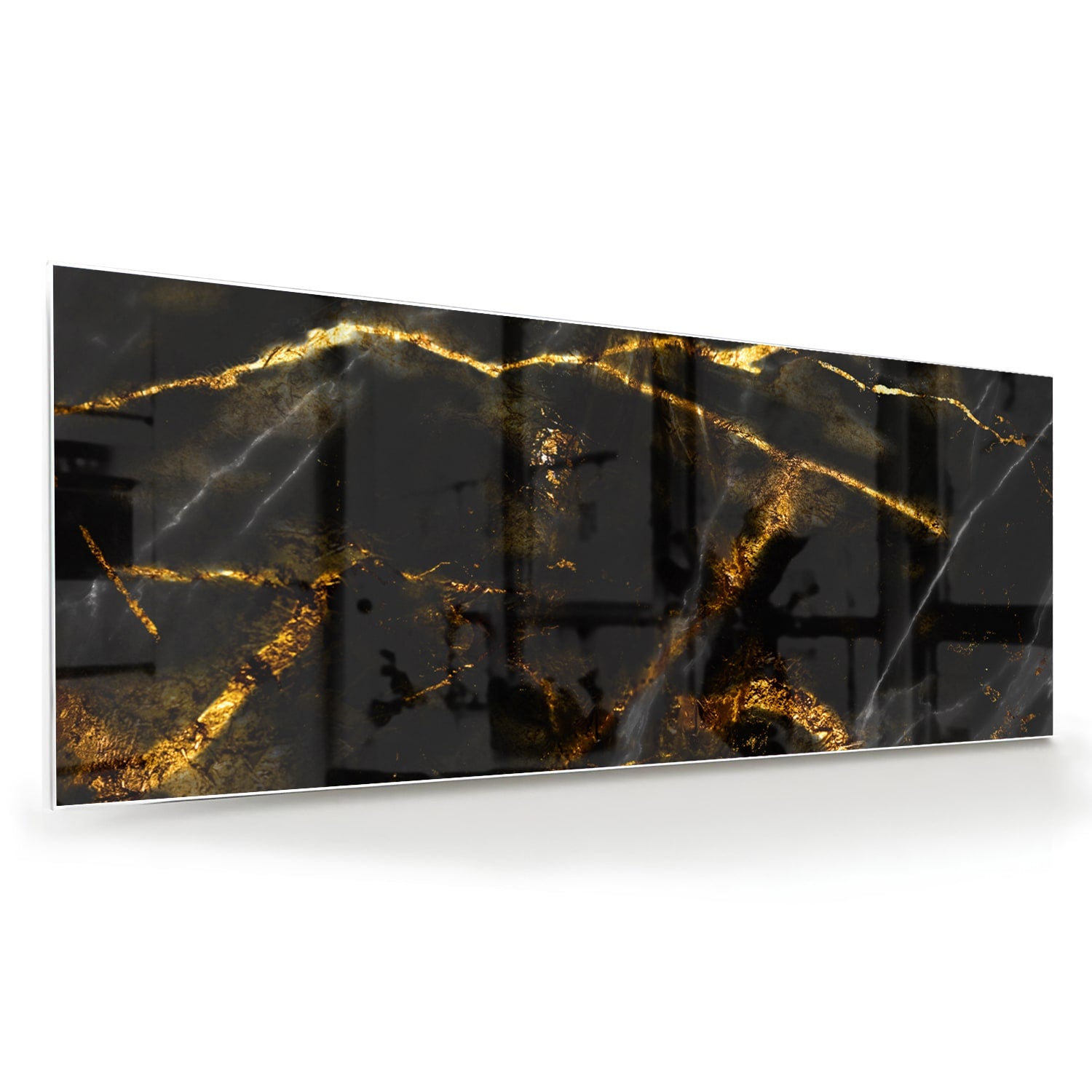 Glazen schilderij met zwart en gouden marmerdesign aan de muur