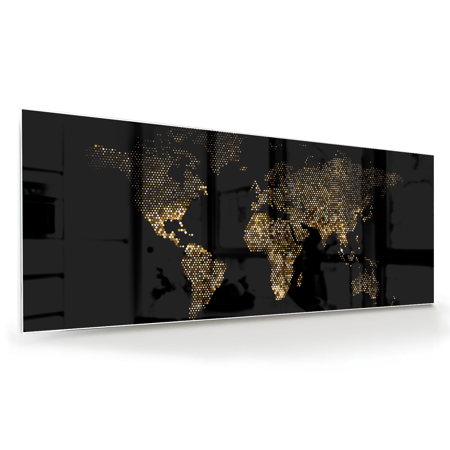 Glazen schilderij van een wereldkaart in zwart met gouden accenten