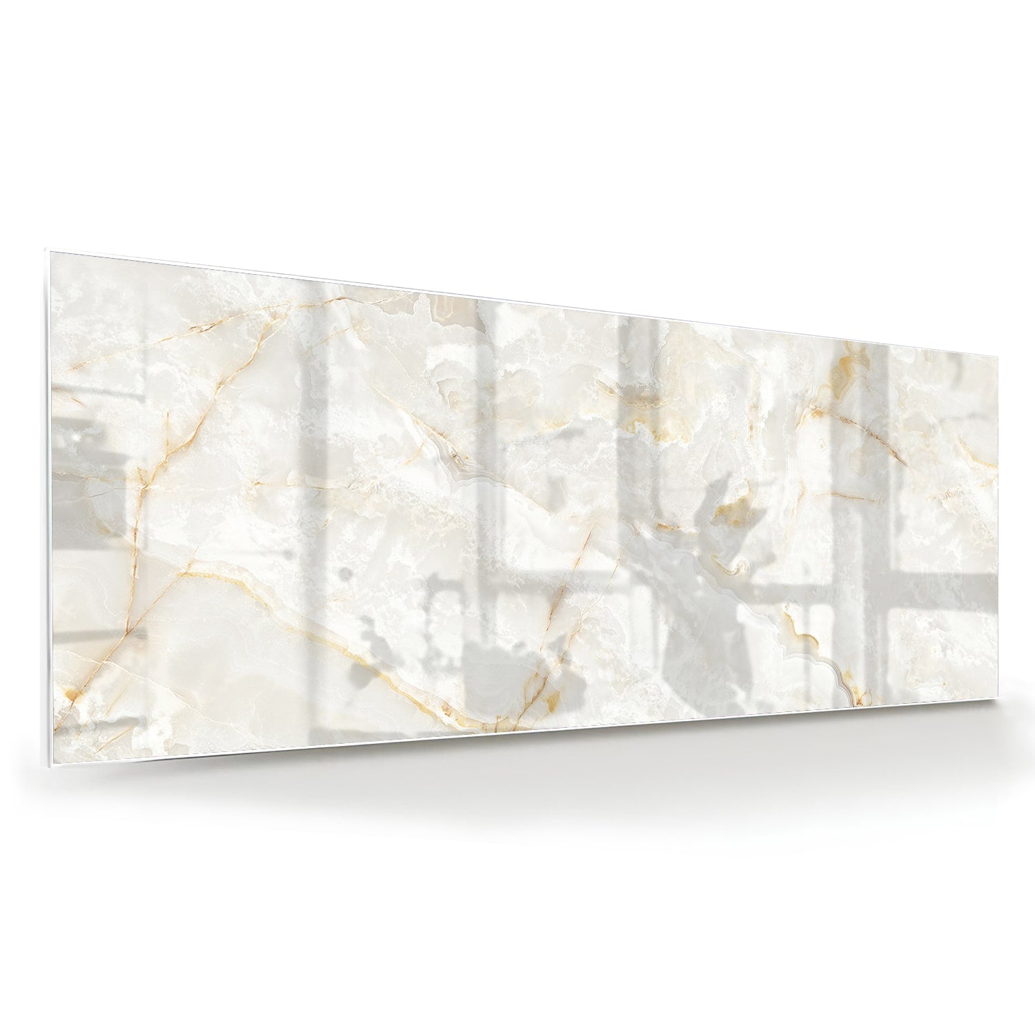 Elegant glazen schilderij met grijs marmer en gouden aders in moderne woonkamer