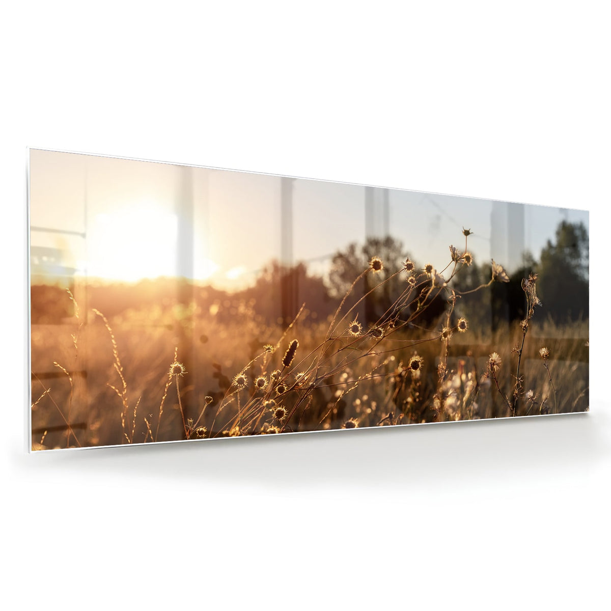 Glazen schilderij van een zonsondergang met bloeiende bloemen, hangend aan een witte muur.