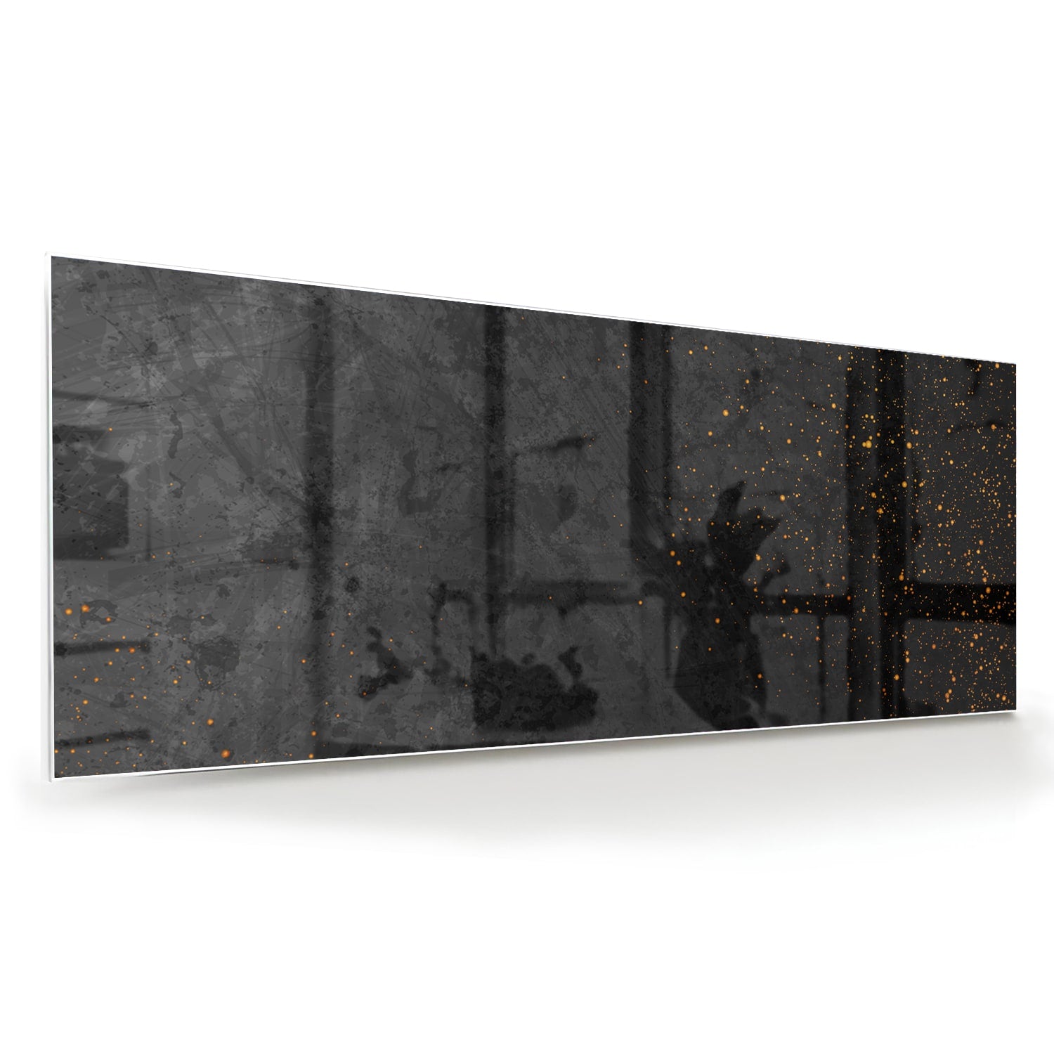 Donker glazen schilderij met gouden accenten aan de muur