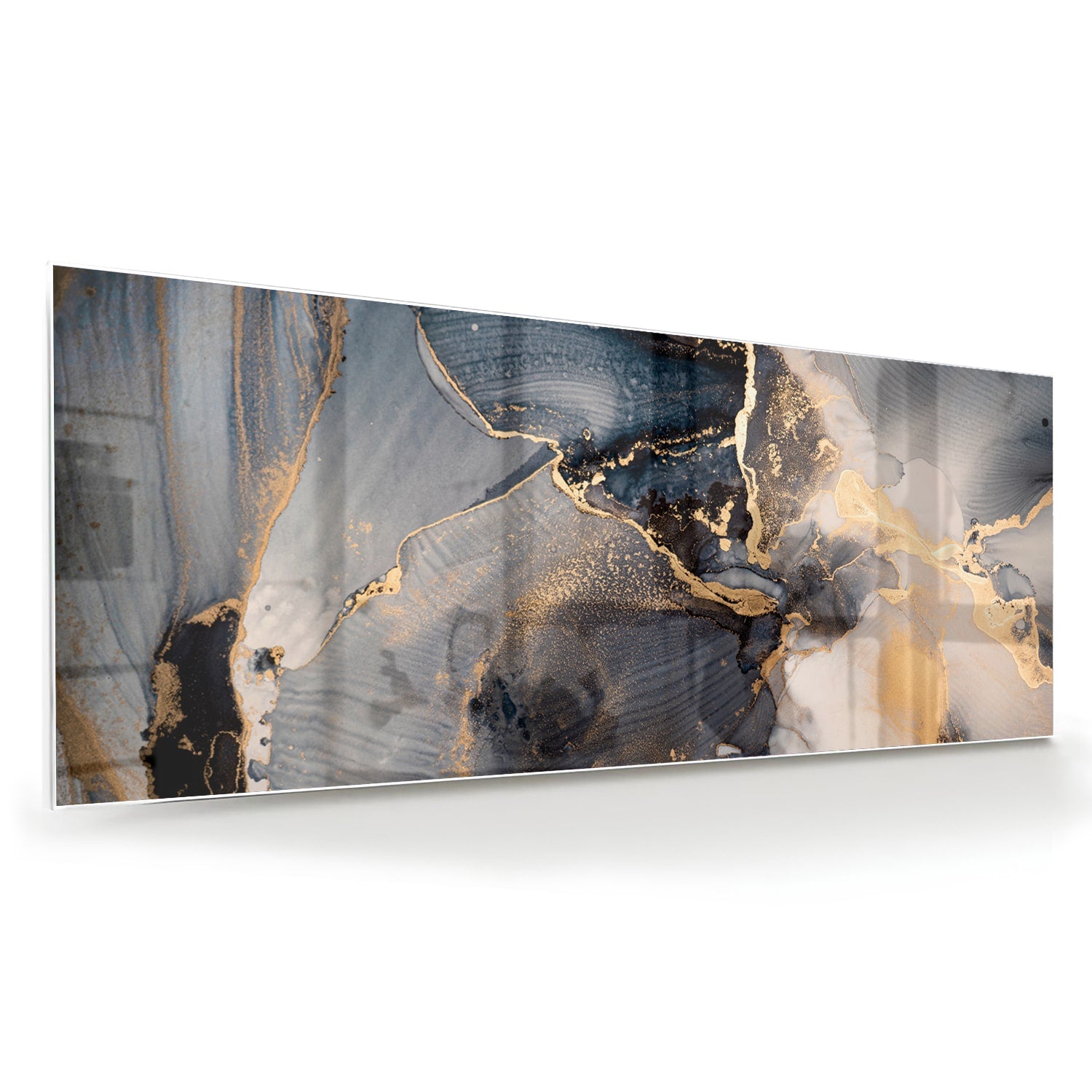 Elegant glazen schilderij met blauwe en gouden abstracte lagen