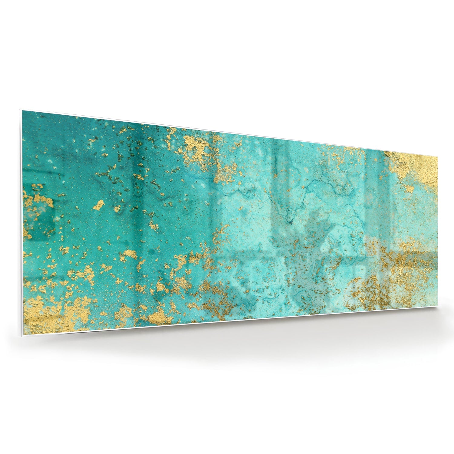 Glazen schilderij met turquoise en gouden accenten aan de muur