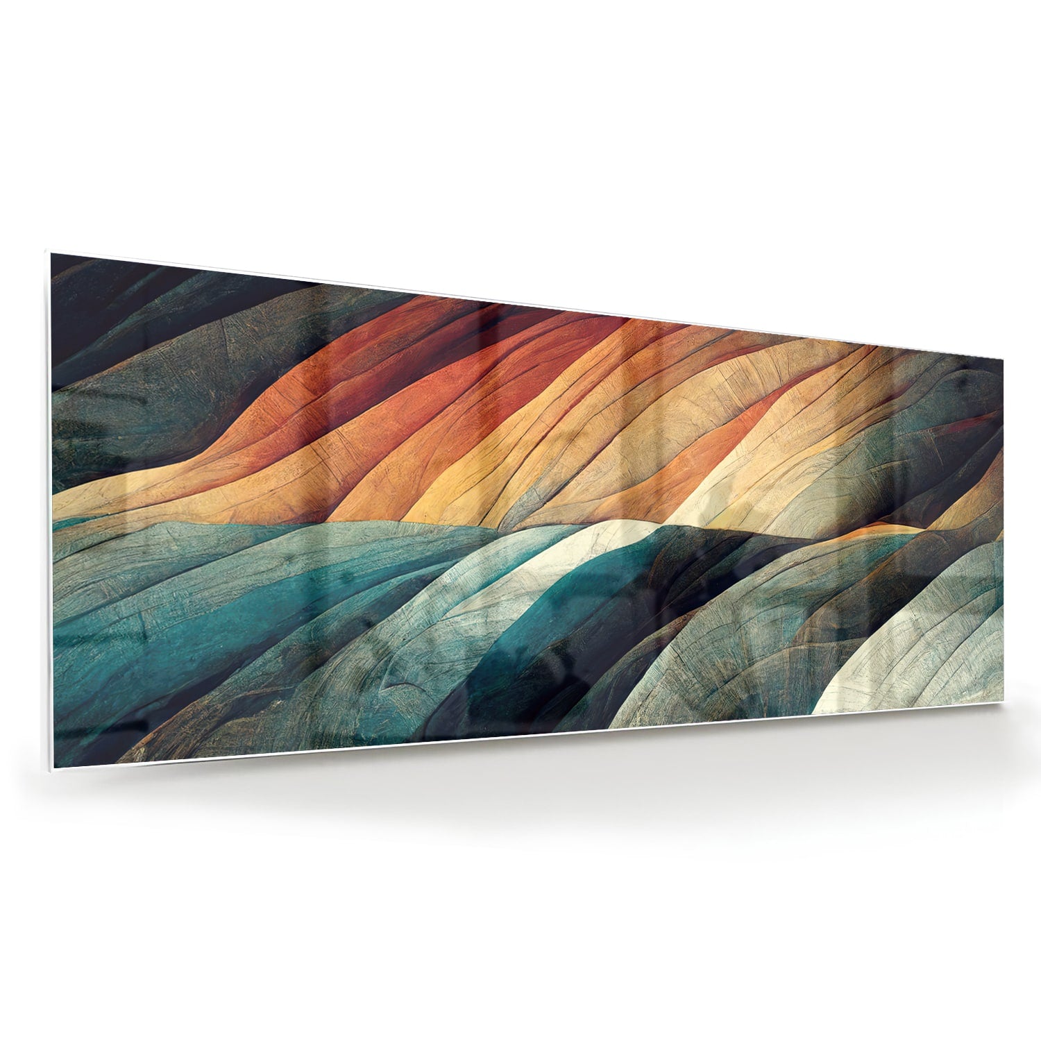 Abstract glazen schilderij met gekleurde golven in een moderne woonkamer.