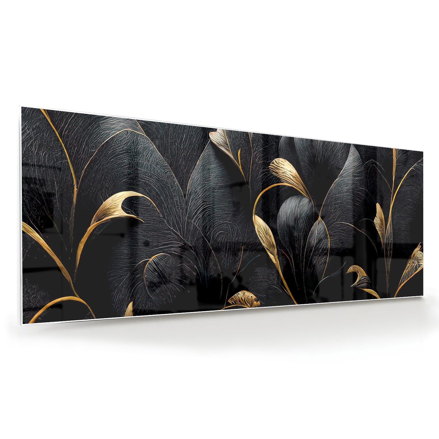 Glazen schilderij met gouden bladeren op een zwarte achtergrond, perfect voor interieur decoratie.