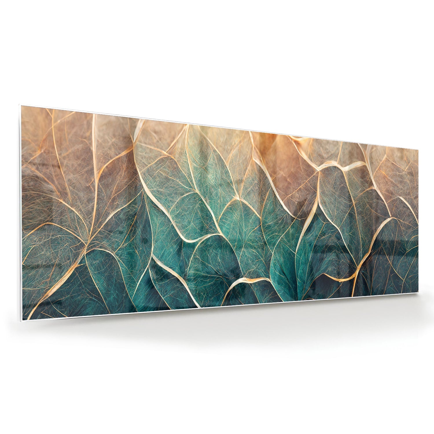 Prachtig glazen schilderij met bladeren in turquoise en gouden lijnen.