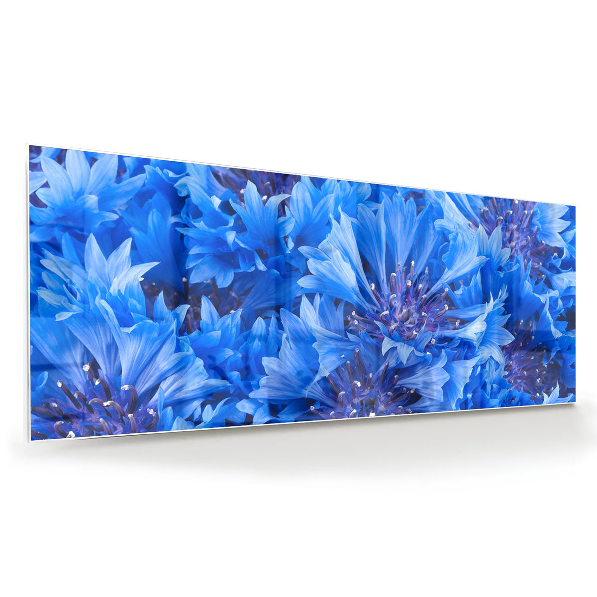 Glazen schilderij met een prachtig blauw bloemenmotief aan de muur