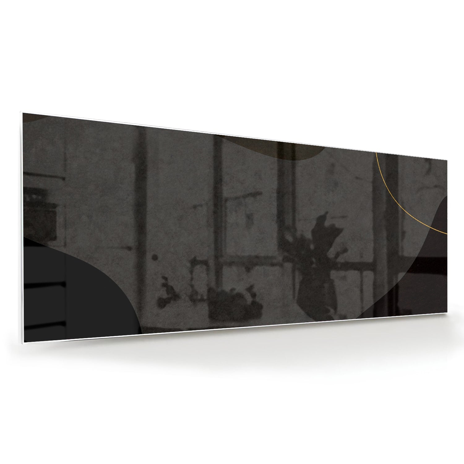 Moderne glas schilderij met abstracte zwarte vormen en gouden lijnen