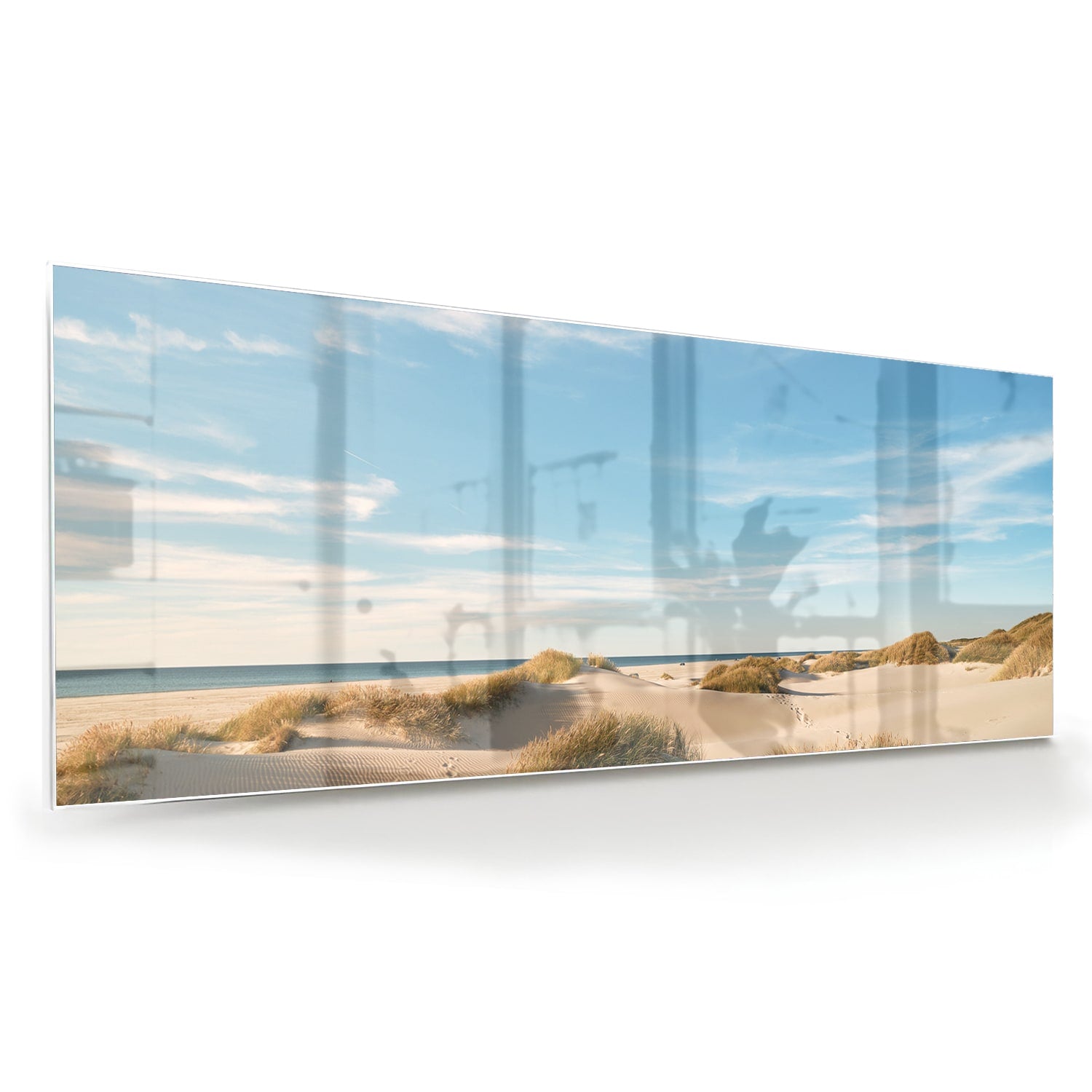 Glazen schilderij met duinen en een heldere blauwe lucht
