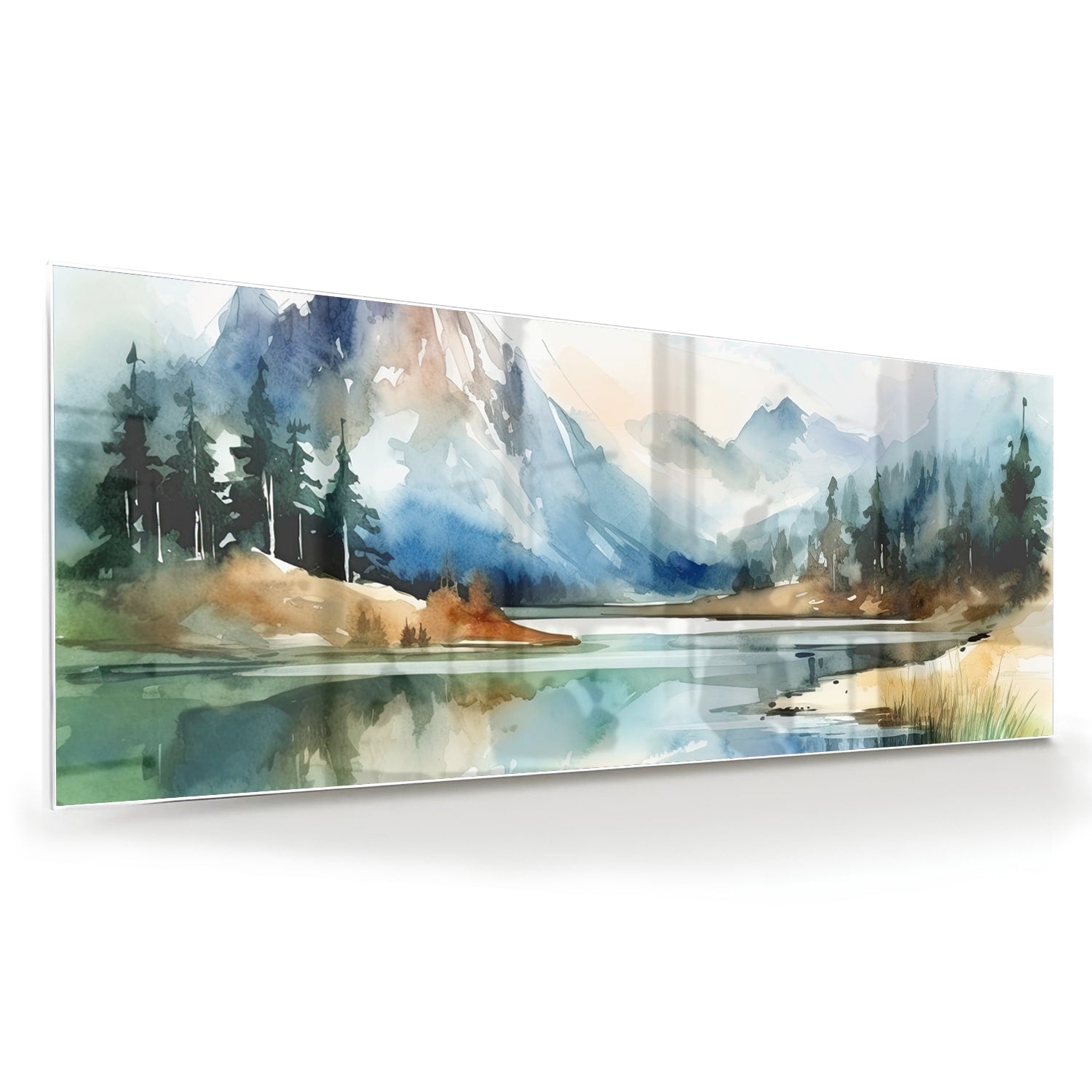 Glazen schilderij met een landschap van bergen en een meer in waterverfstijl.