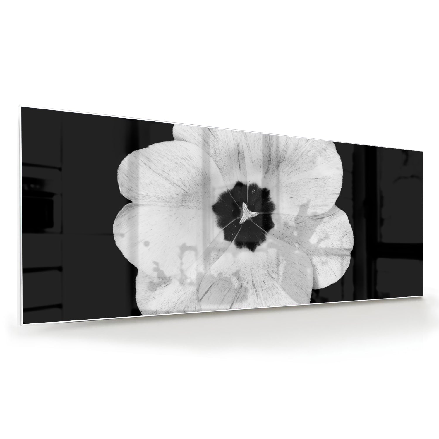 Een glazen schilderij met een witte bloem op een zwarte achtergrond, hangend aan de muur.