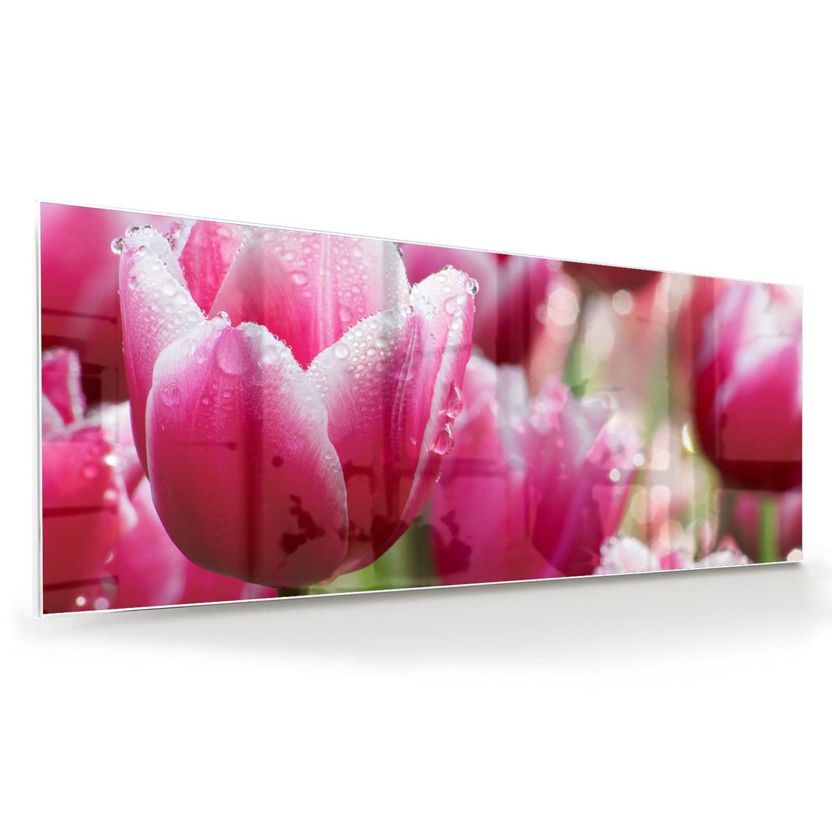 Glazen schilderij van roze tulpen met dauwdruppels, elegant en kleurig.