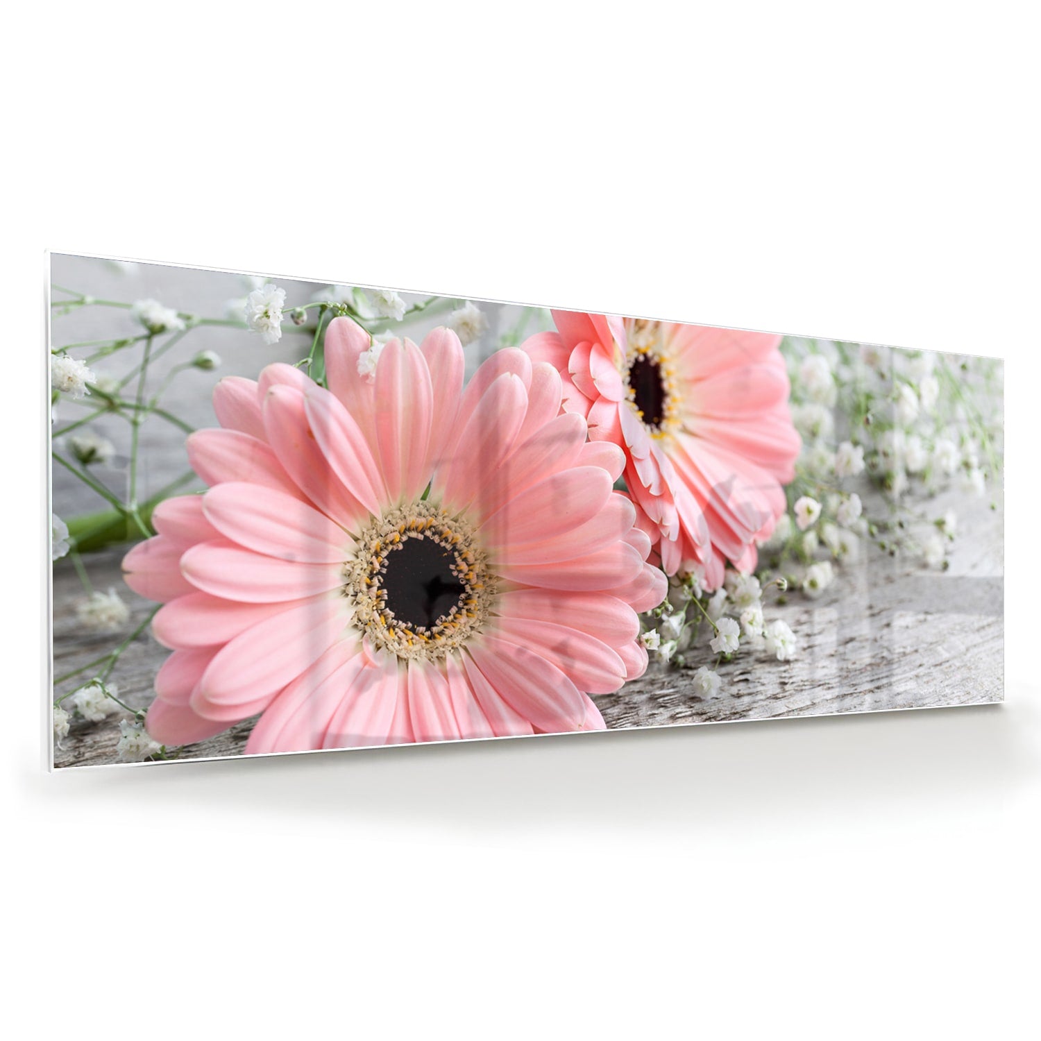 Roze gerbera's op een glazen schilderij, ideaal voor je woonkamer
