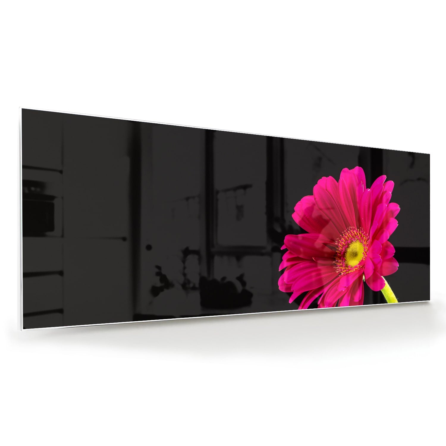 Glazen schilderij van een roze gerbera op zwarte achtergrond, perfect voor decoratie