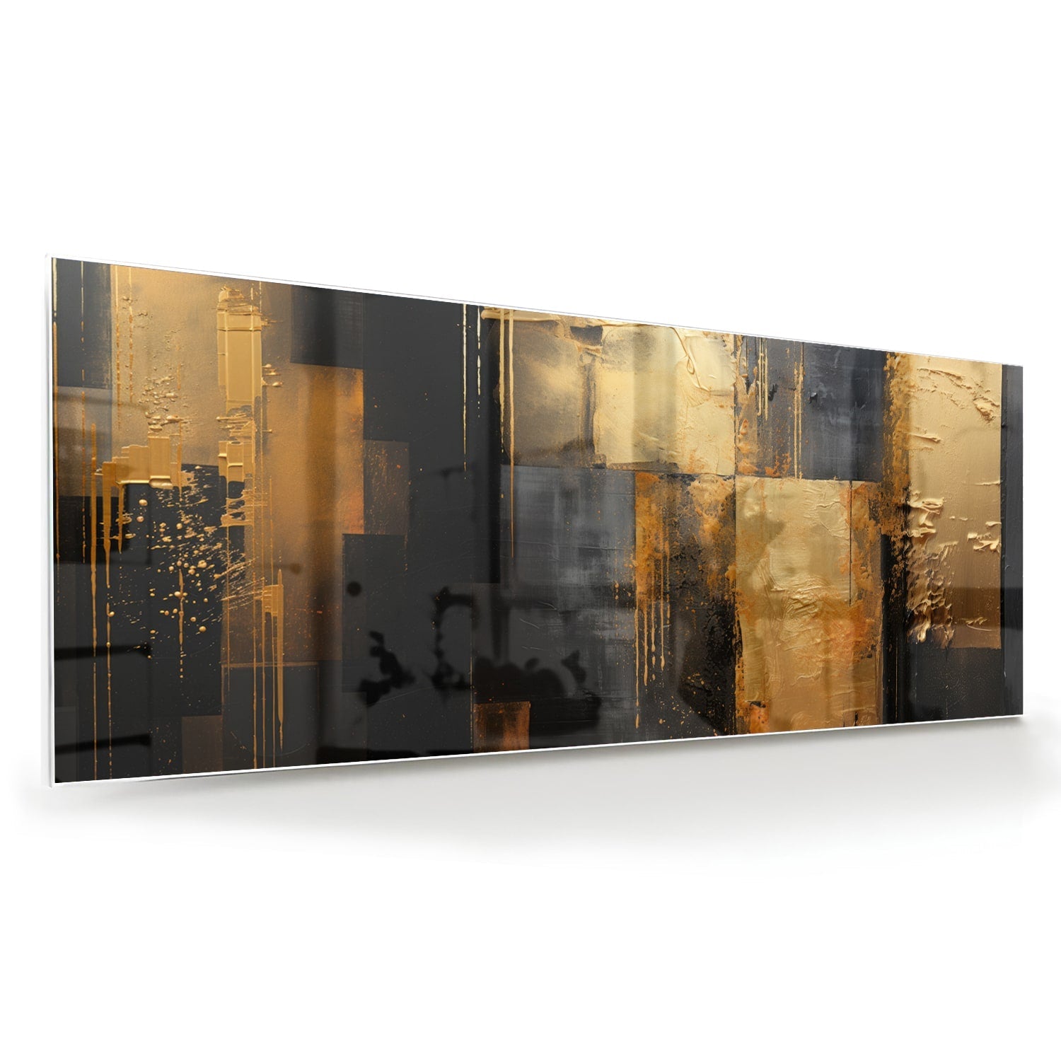 Abstract glazen schilderij in goud en zwart, perfect voor moderne interieurs.