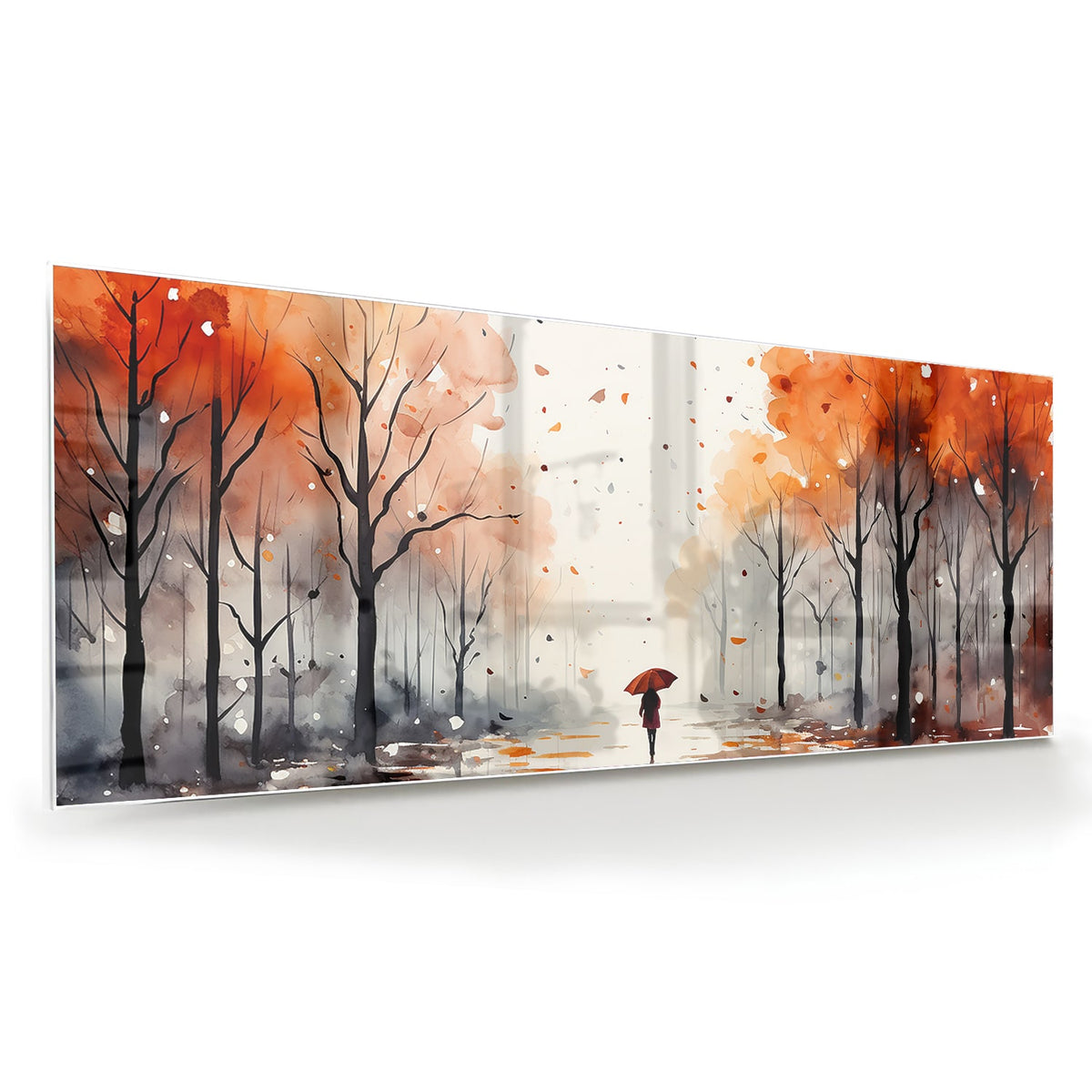 Glazen schilderij van een herfstlandschap met een wandelaar en kleurrijke bomen.