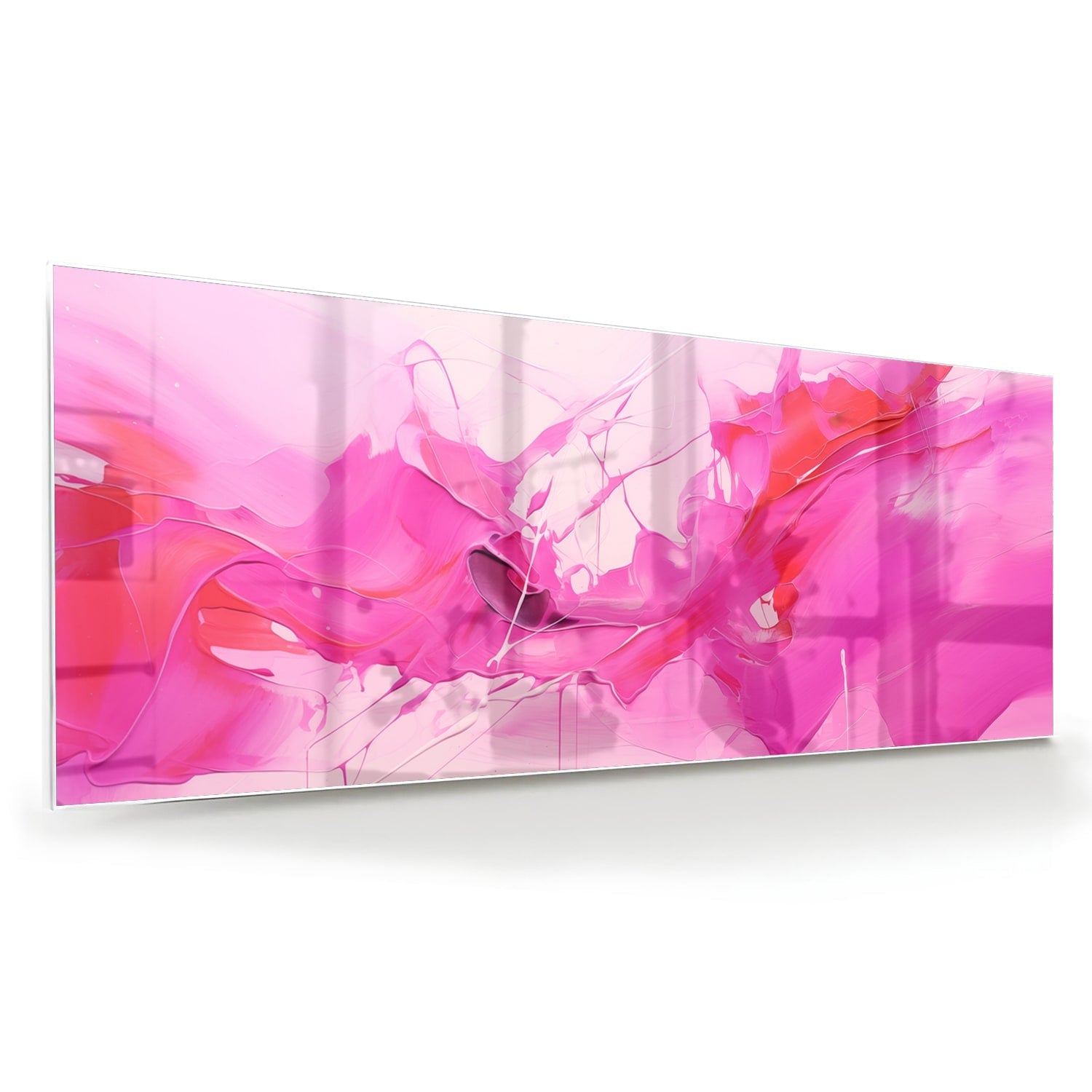 Abstract glazen schilderij met felle roze tinten aan de muur