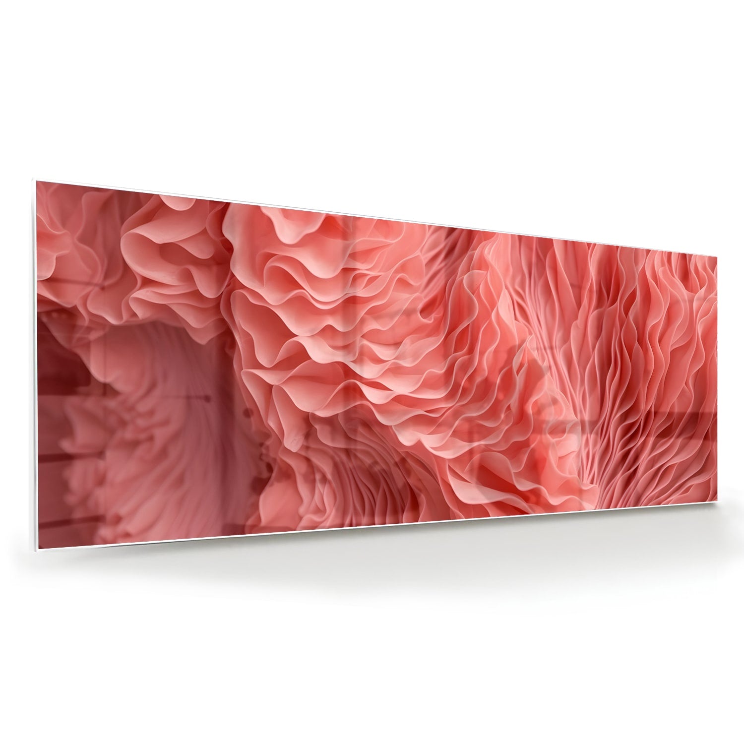 Abstract glazen schilderij in roze met golvende patronen, perfect voor wanddecoratie.
