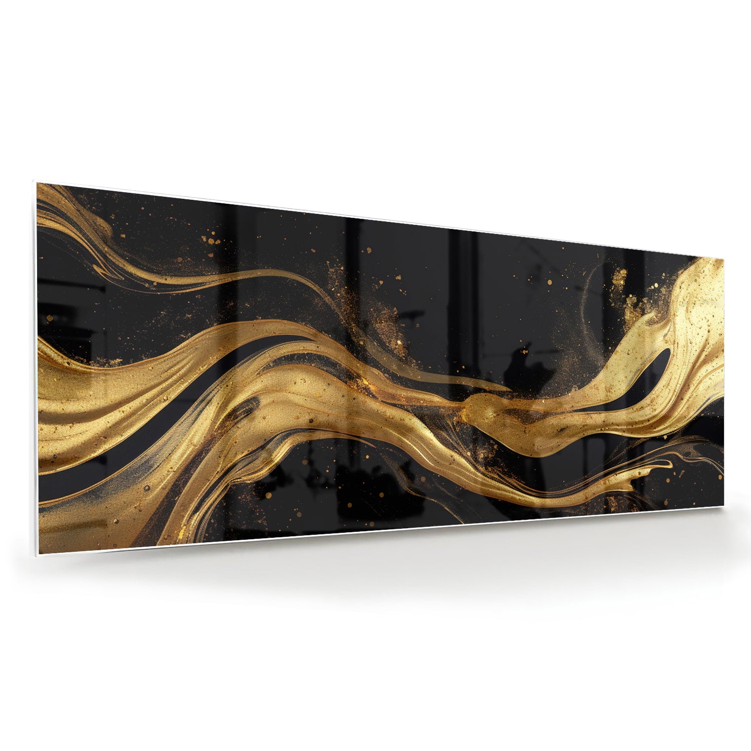 Glazen schilderij met gouden lijnen op een zwarte achtergrond, geschikt voor moderne interieurs.