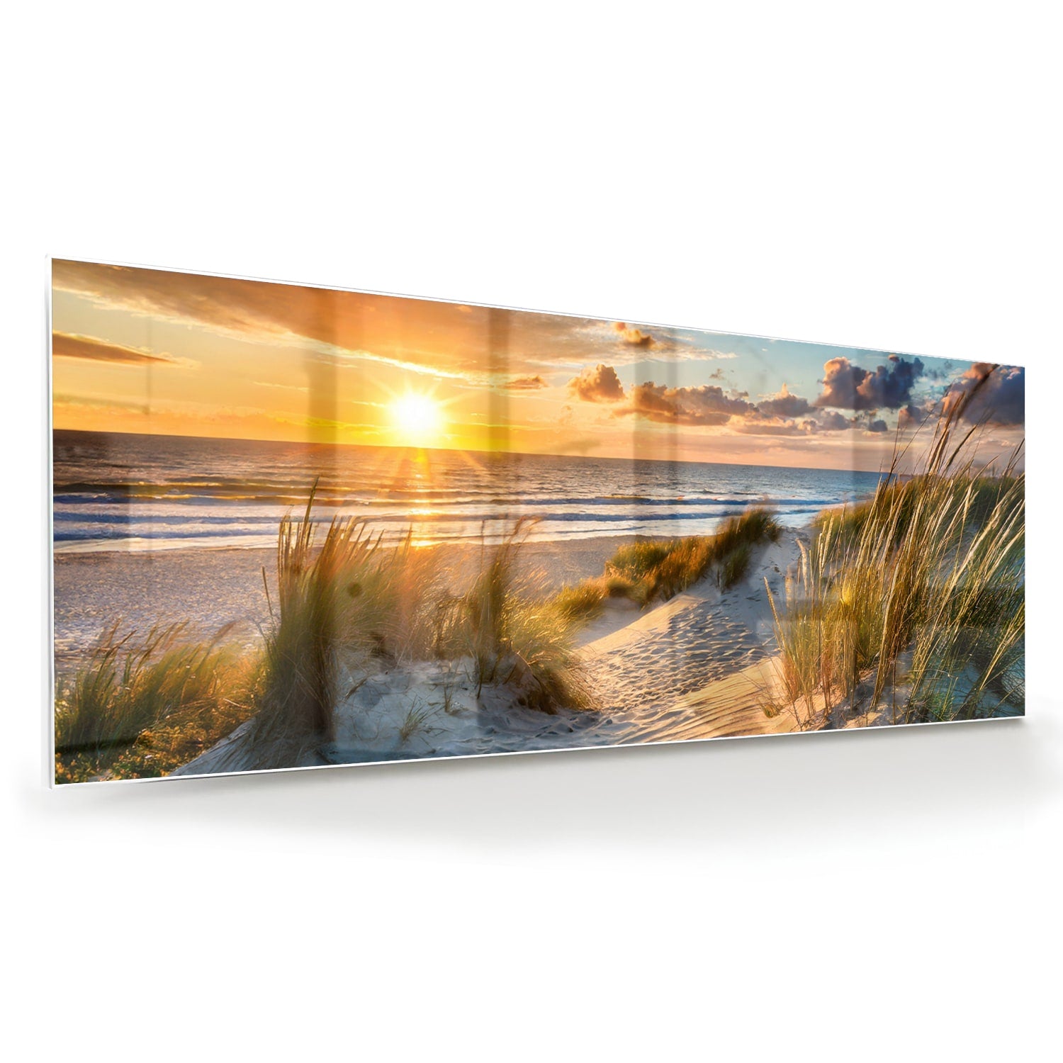 Glazen schilderij van een zonsondergang bij het strand met duinen en gras