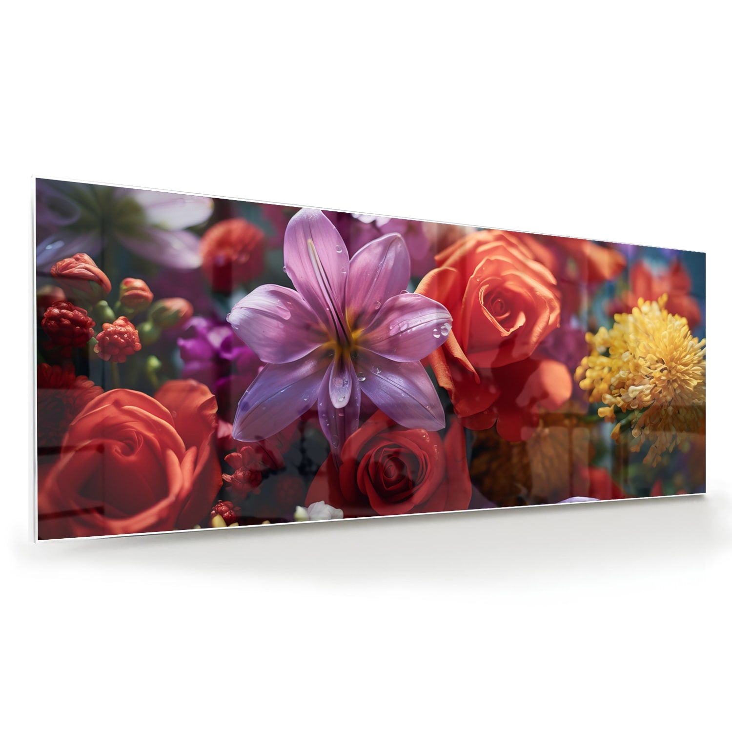 Kleurrijk glazen schilderij met een prachtige bloemencompositie.