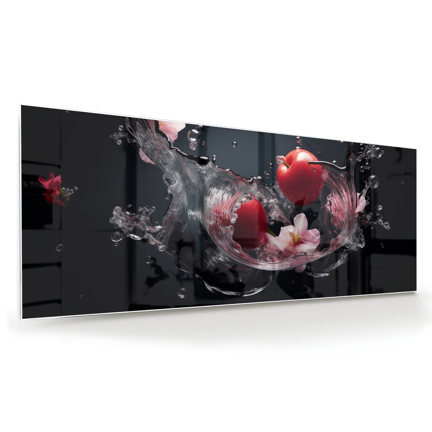 Glazen schilderij met roze bloemen en waterdruppels op een zwarte achtergrond.