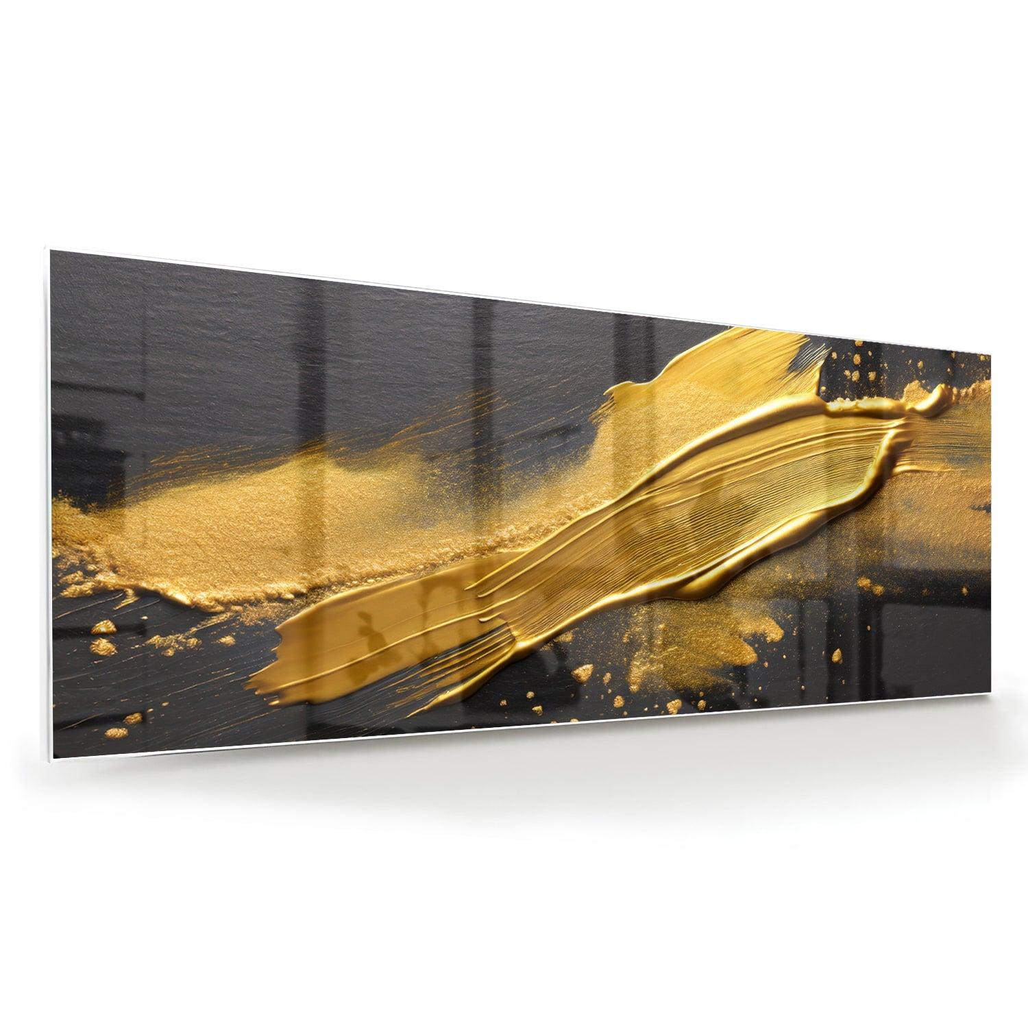 Modern glazen schilderij met gouden strepen op een zwarte achtergrond.