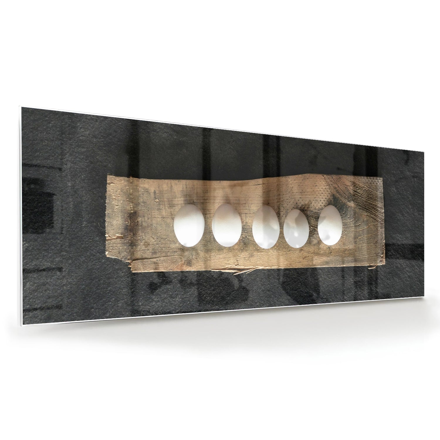Elegant glazen schilderij met vier lichtpunten, perfect voor moderne interieurs.