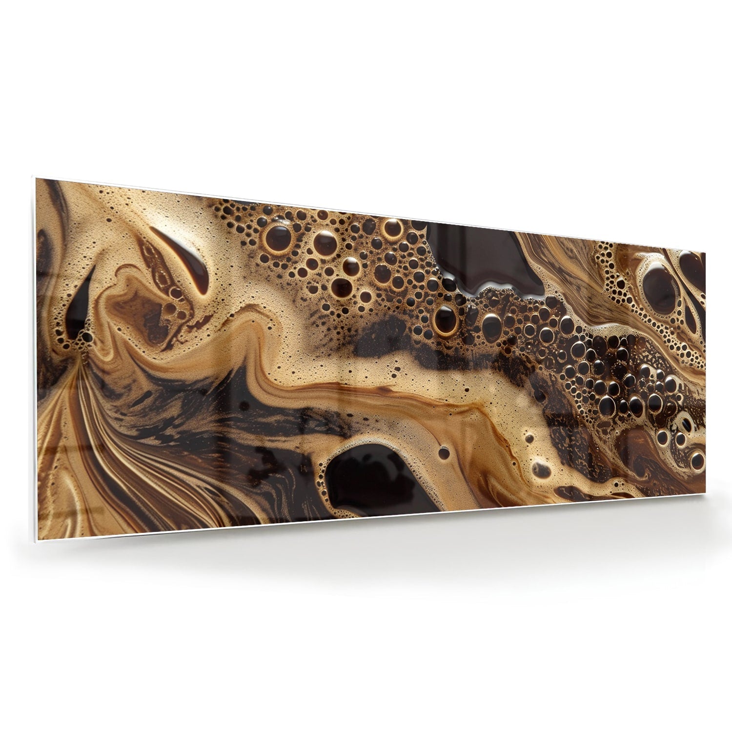 Abstract glazen schilderij met aardse kleuren en organische vormen, geschikt voor moderne interieurs.