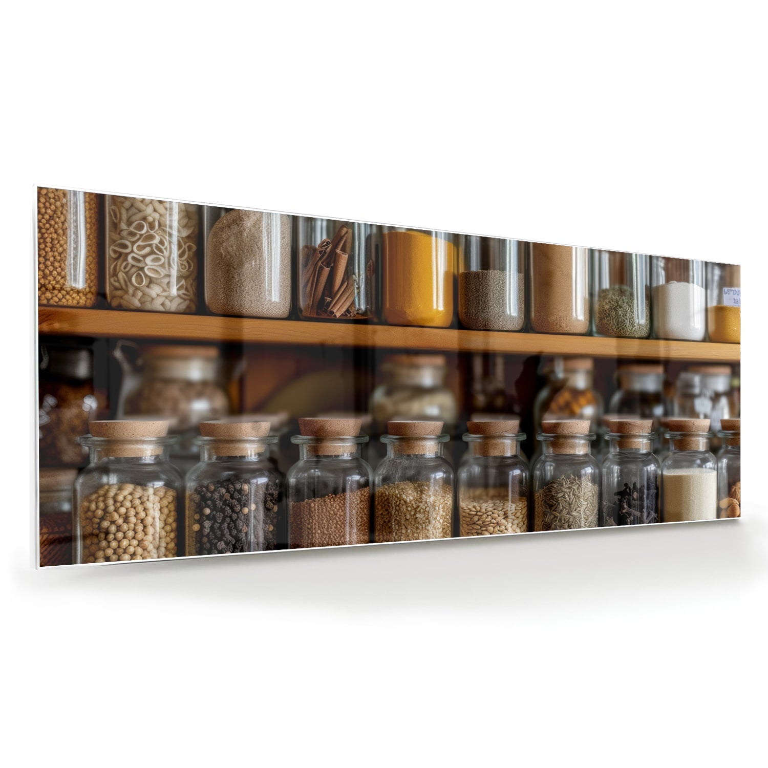 Glazen schilderij met een houten plank vol Mason jars gevuld met specerijen.