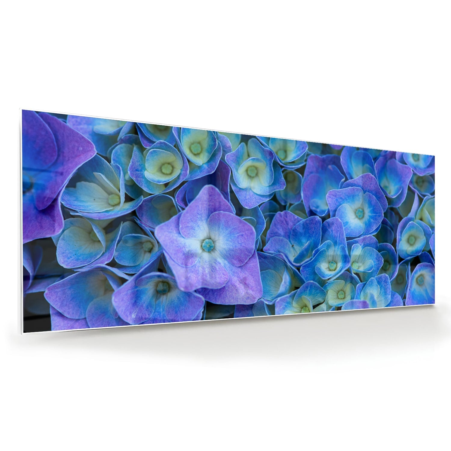 Glas schilderij met mooie blauwe bloemen aan de muur
