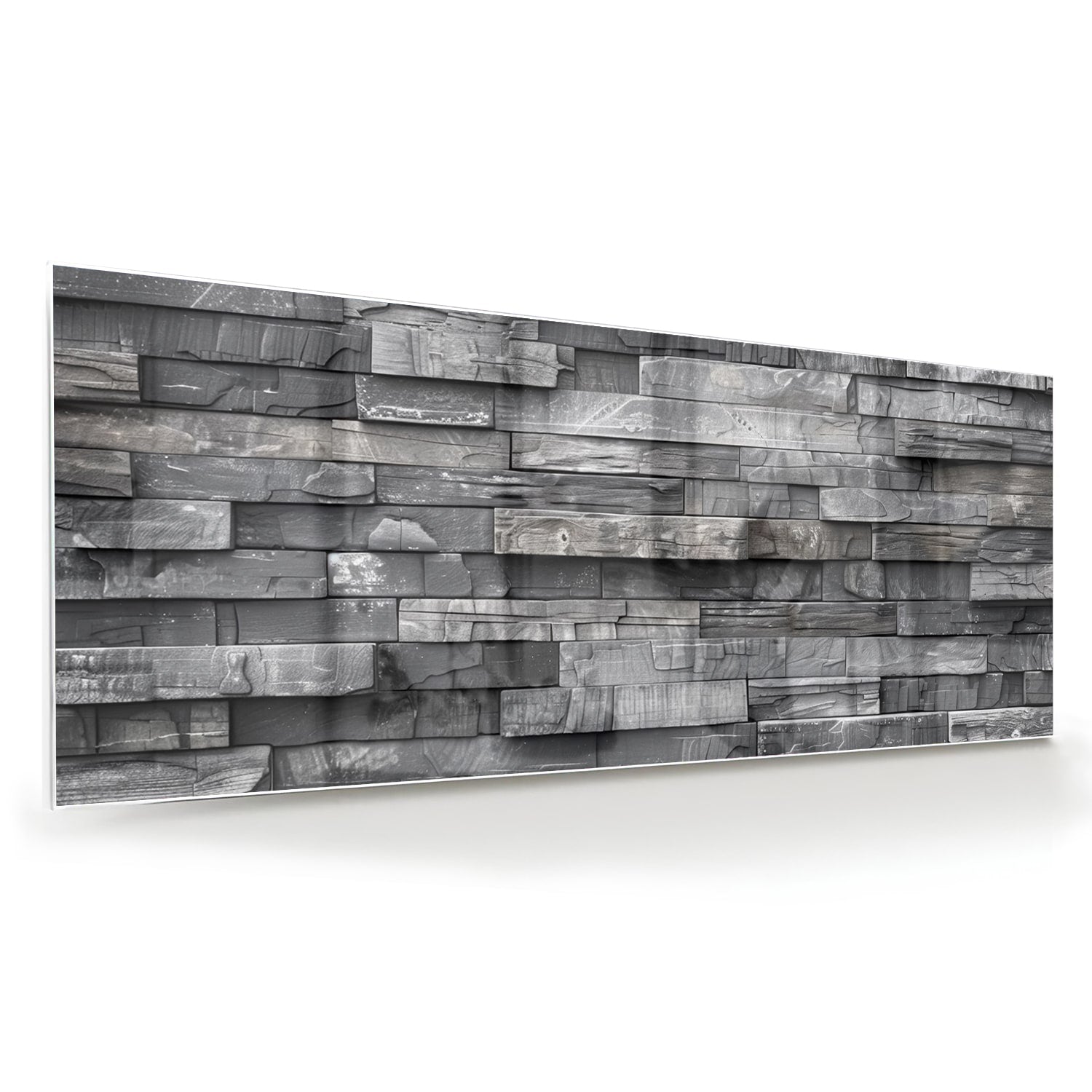 Moderne glazen schilderij met grijze texturen aan een lichte muur.