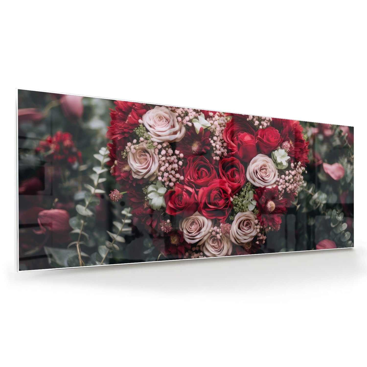 Glazen schilderij met hartvormige bloemmotieven in rood en roze