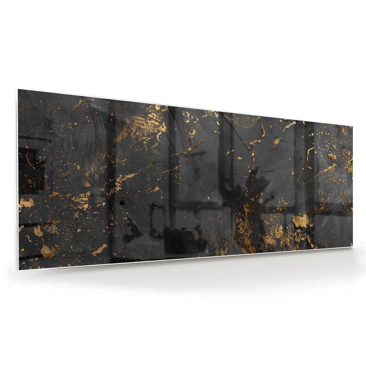 Modern glazen schilderij met abstracte gouden spatten op een zwarte achtergrond.