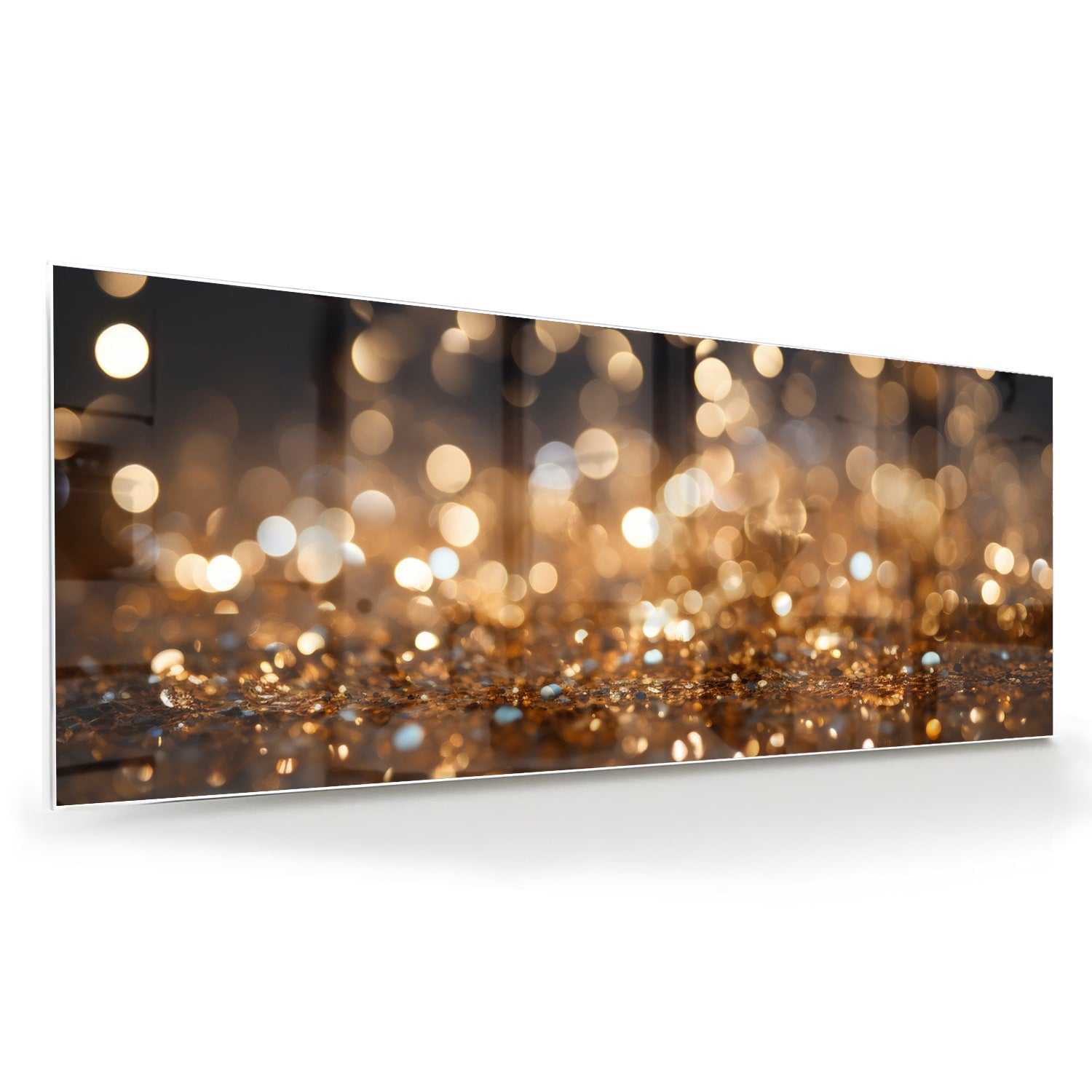 Glazen schilderij met gouden bokeh-effect aan de muur in een moderne woonkamer.