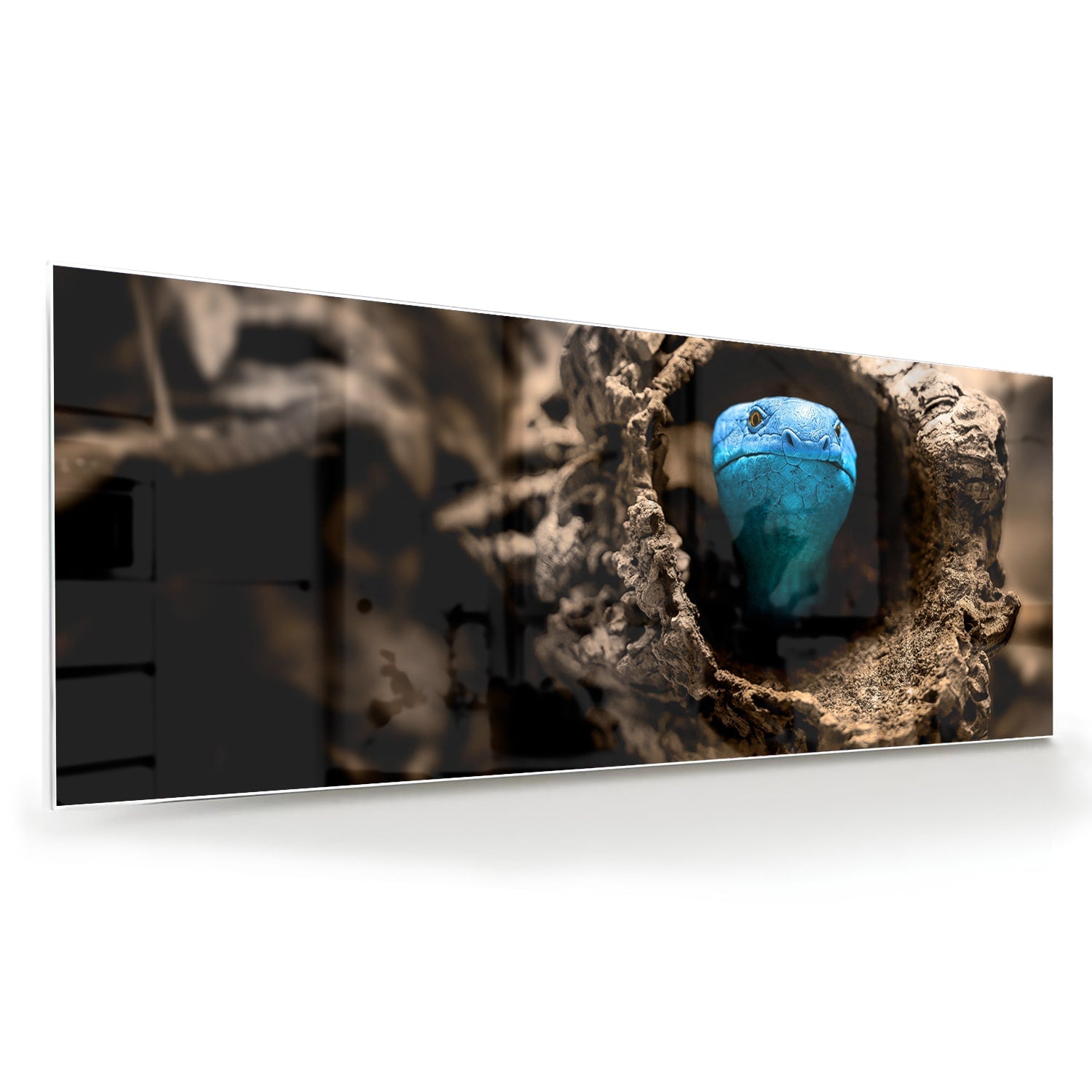 Glas schilderij met een blauwe parel in een nest, stijlvol en modern.