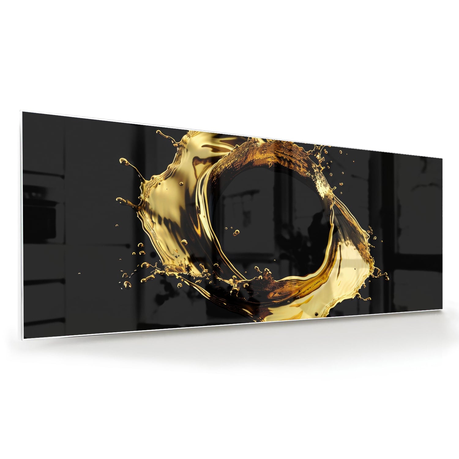 Luxe glazen schilderij met gouden spatten op zwarte achtergrond