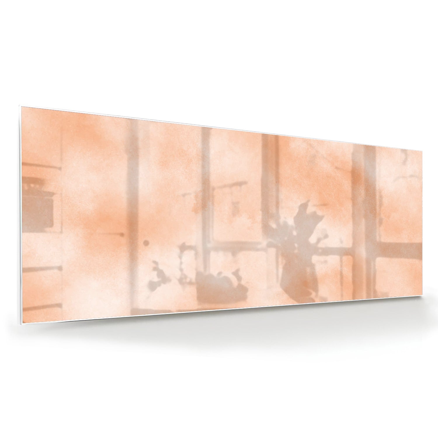 Glas schilderij in warme aardetinten hangt boven een houten kast in een moderne woonkamer.